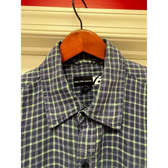 Saks Fifth Avenue Blue & Green Plaid 100% Linen Button Down Shirt sz L EUC - Picture 2 of 6